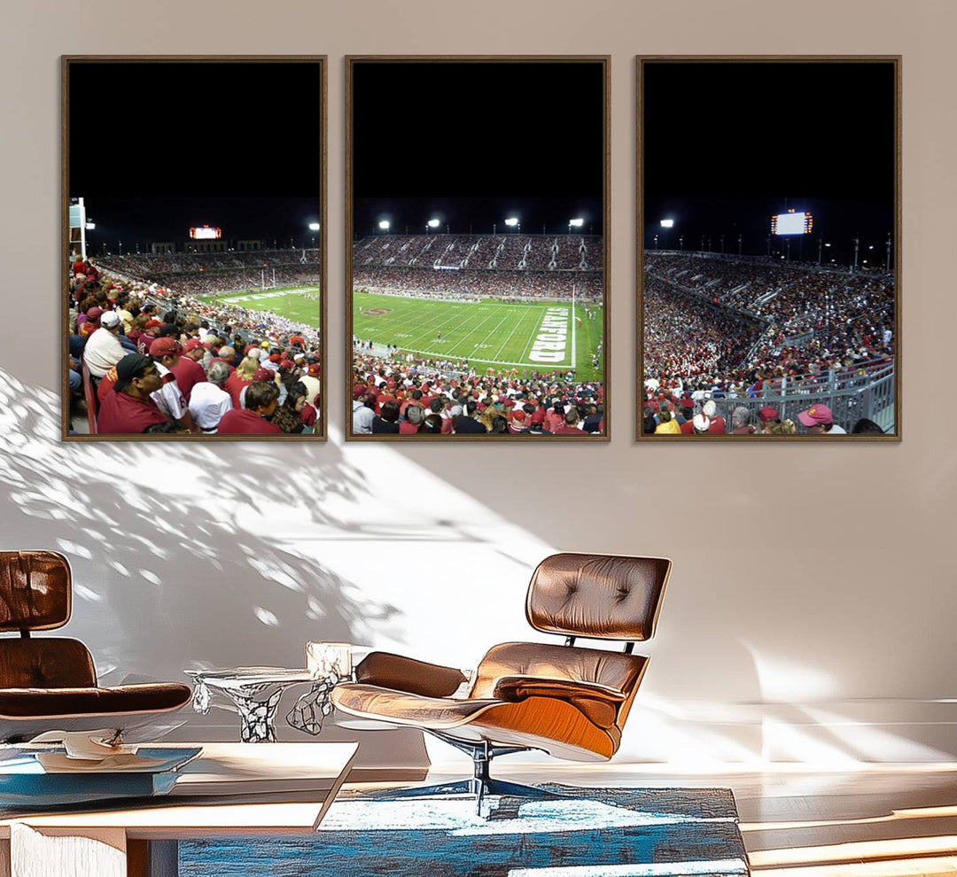 This Stanford University Cardinal Football Team canvas print, depicting fans in red filling Stanford Stadium at night, is perfect.