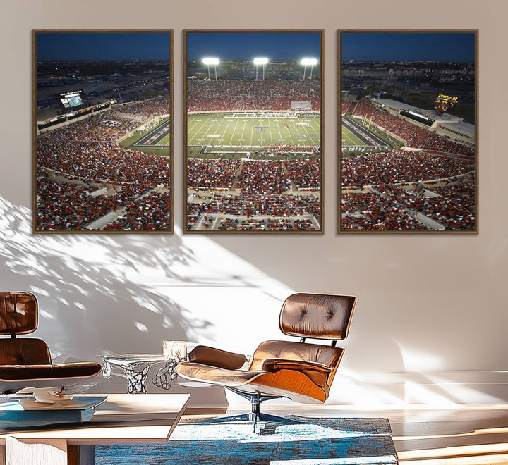 Canvas wall art featuring an aerial view of the Texas Tech Red Raiders packed night game at Lubbock’s Jones AT&T Stadium.