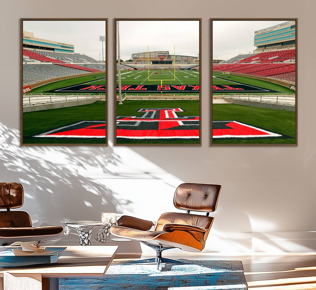 Gallery-quality print of Lubbock Jones AT&T Stadium featuring the Texas Tech Red Raiders field, highlighted by red and gray bleachers.