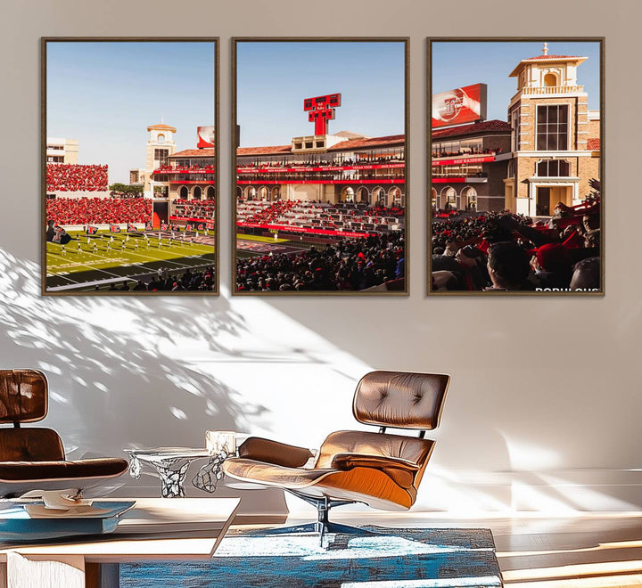 The three-panel Jones AT&T Stadium wall art is ideal for enhancing the living room decor of college football fans.