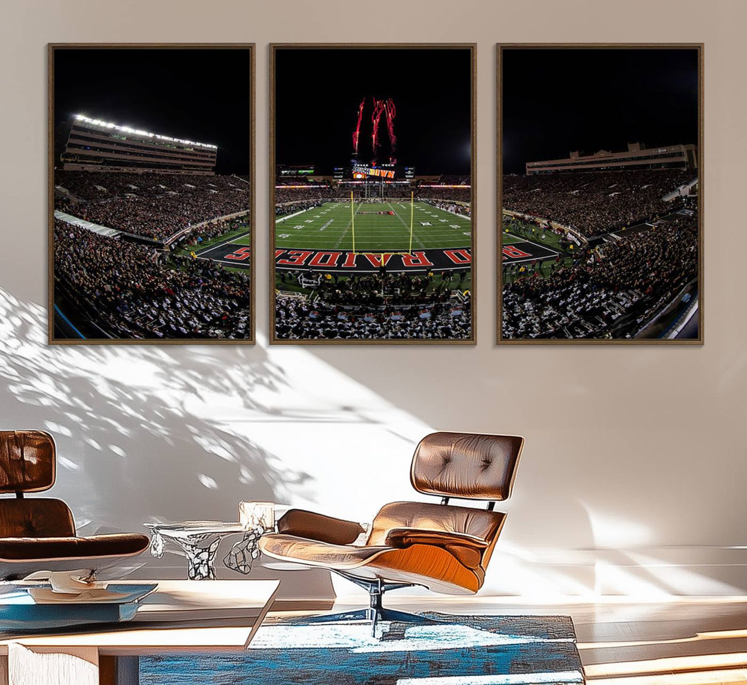 The wall features a Texas Tech Red Raiders Football Team Print on canvas, showcasing fireworks over a packed stadium at night.