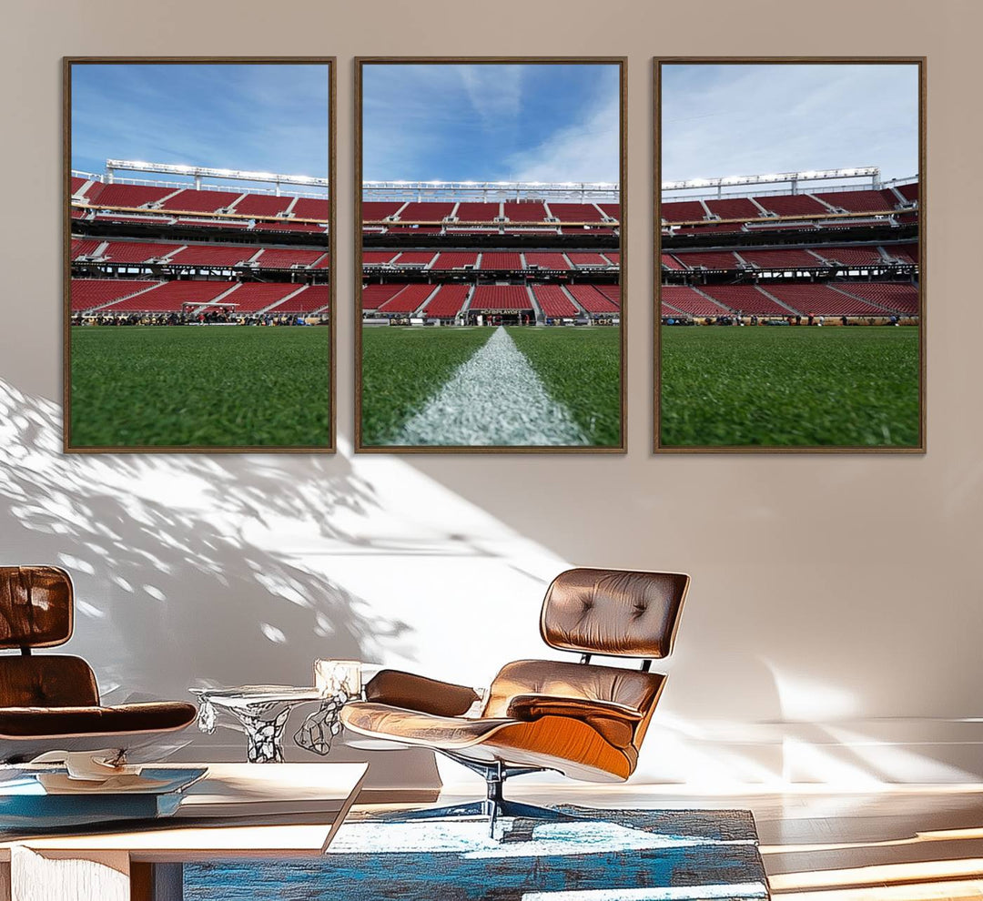 A canvas print of the University of Tulsa Golden Hurricane showcases H.A. Chapman Stadiums football field and red seats against a backdrop of a blue sky.