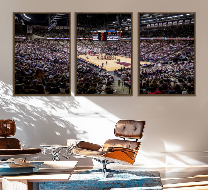 The Nebraska Basketball Arena Wall Art Canvas features an arena filled with Cornhuskers fans and players beneath a scoreboard.