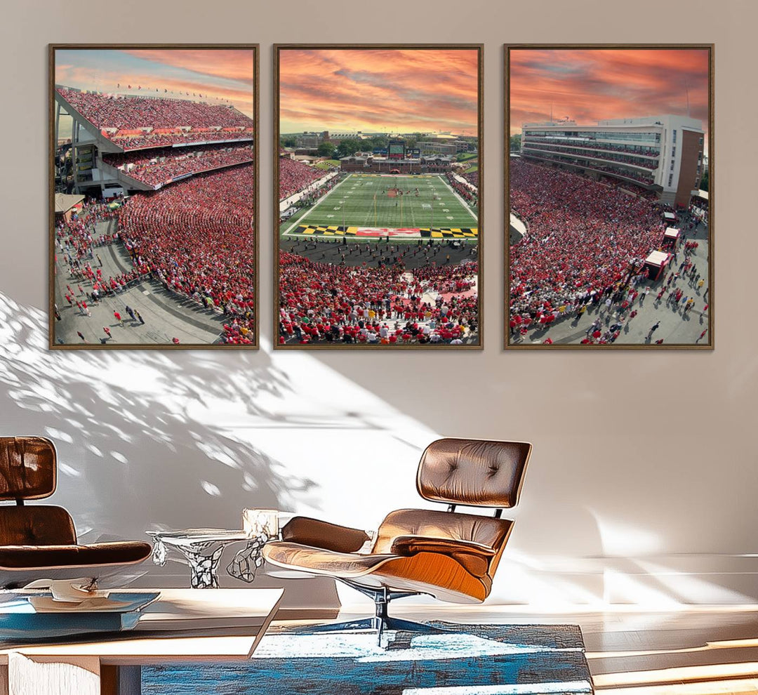 A packed SECU Stadium at sunset, ideal for your University of Maryland Terrapins Football Team wall art canvas print.