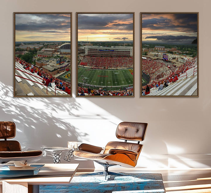 The University of Maryland Terrapins Football Team Print features SECU Stadium at sunset with vibrant skies.