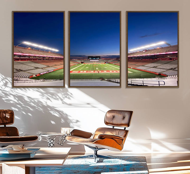 A large SHI Stadium at dusk, ideal for a Rutgers Scarlet Knights Football Team canvas print.