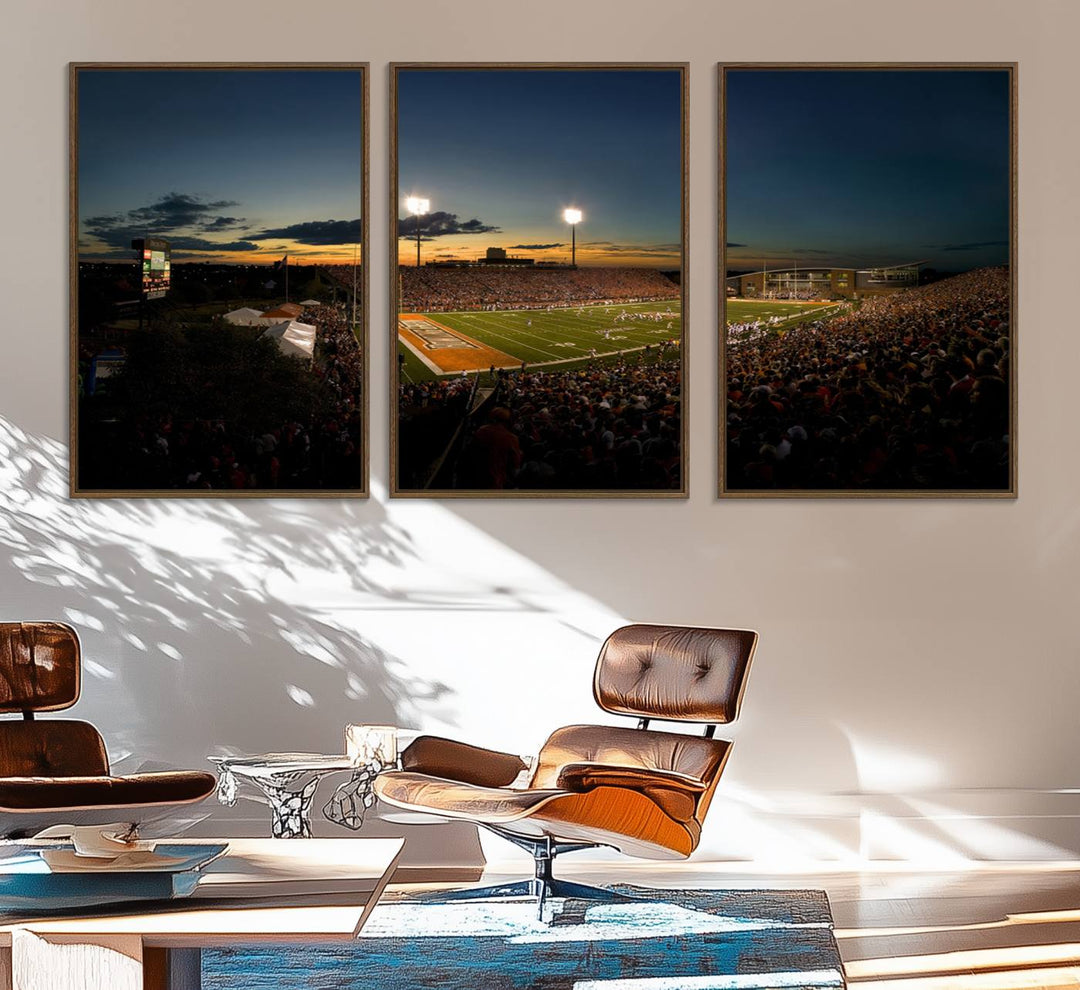 Ball State Cardinals Football Team Print - Muncie Scheumann Stadium Canvas featuring a sunset, floodlights, and lively crowd.