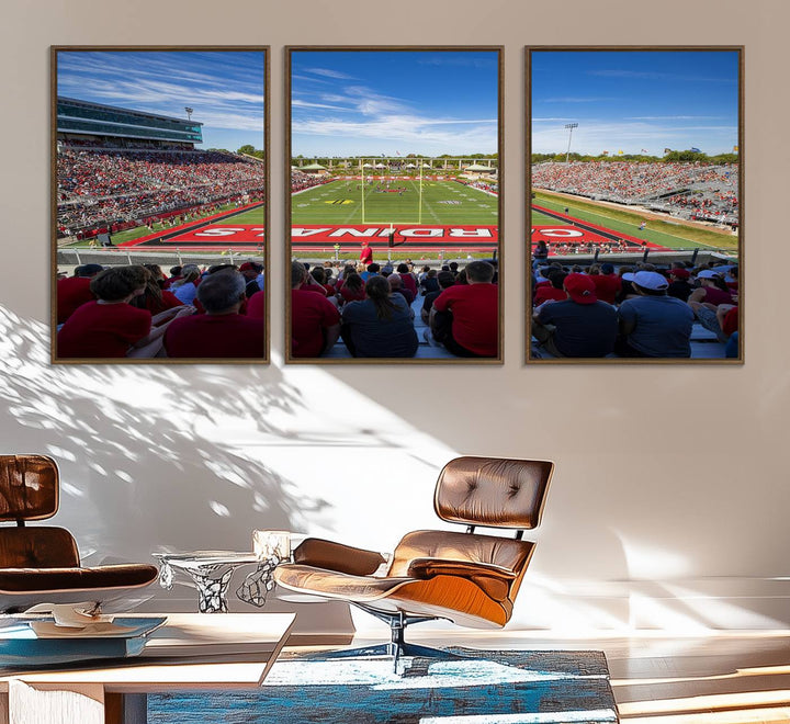 The Ball State Cardinals wall art on canvas depicts fans in red at Scheumann Stadium.