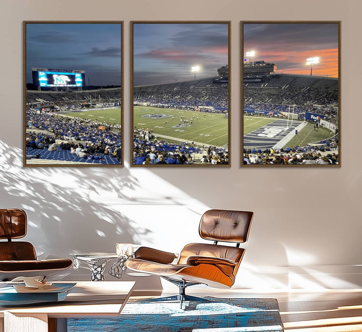 A Memphis Tigers football canvas print of Simmons Bank Liberty Stadium at sunset enhances the living room.