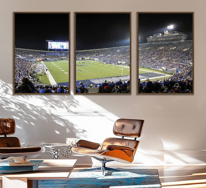 A vibrant depiction of Liberty Stadium at night, highlighting a Tigers football game on the large screen with stands filled with enthusiastic fans.