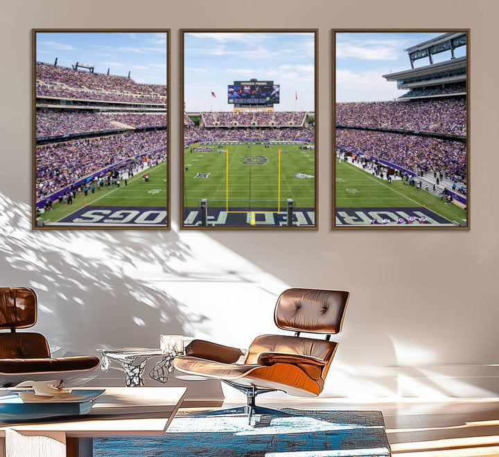 The TCU Horned Frogs print portrays a vibrant Amon G. Carter Stadium, filled with energy and game action.