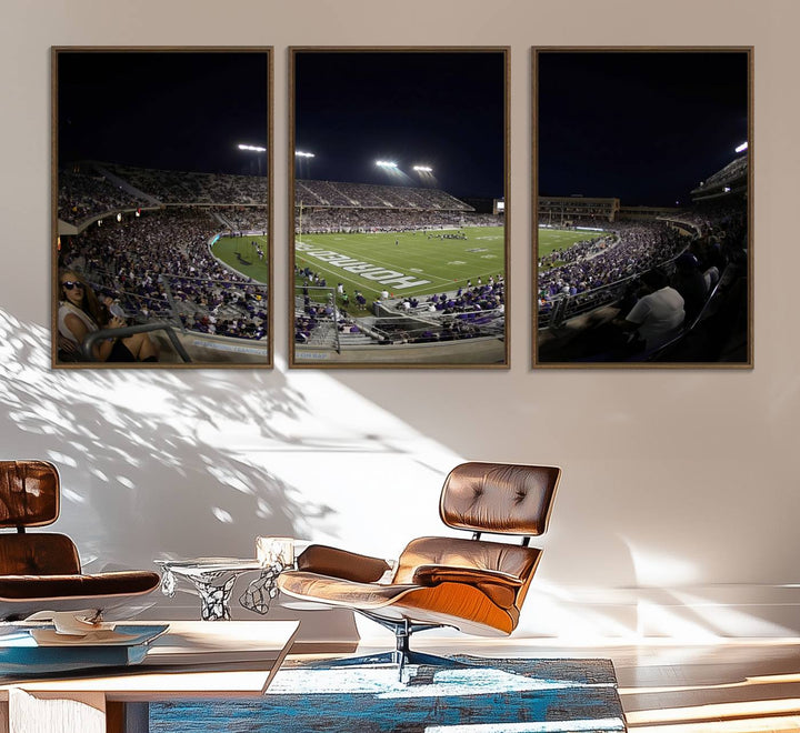 The wall art print features a night view of Amon G. Carter Stadium filled with TCU fans, showcased in the Horned Frogs Football Canvas Wall Art.