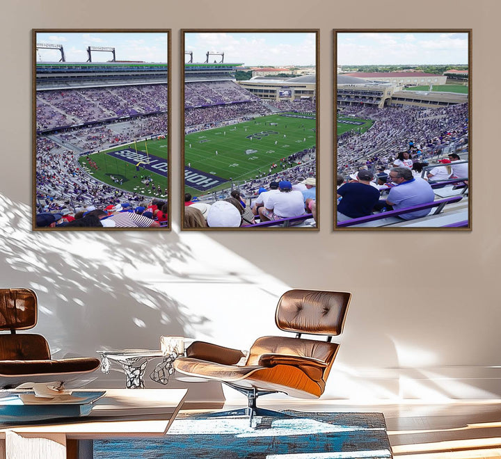 Amon G. Carter Stadium wall art canvas showcasing the TCU Horned Frogs and packed stands at Fort Worth.