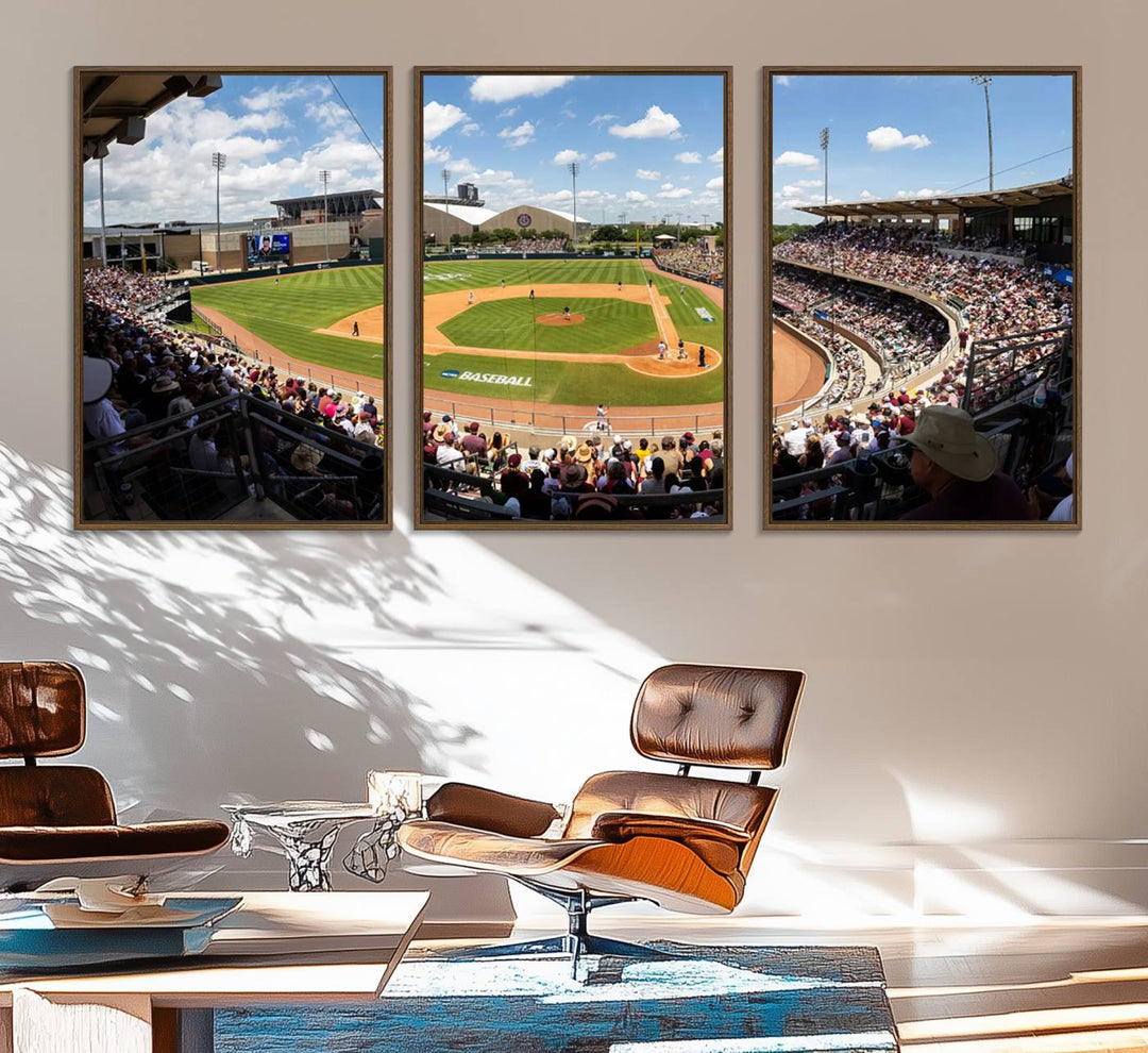 A baseball stadium under a blue sky, capturing the energy of The Texas A&M Aggies Athletics Kyle Field Wall Art.