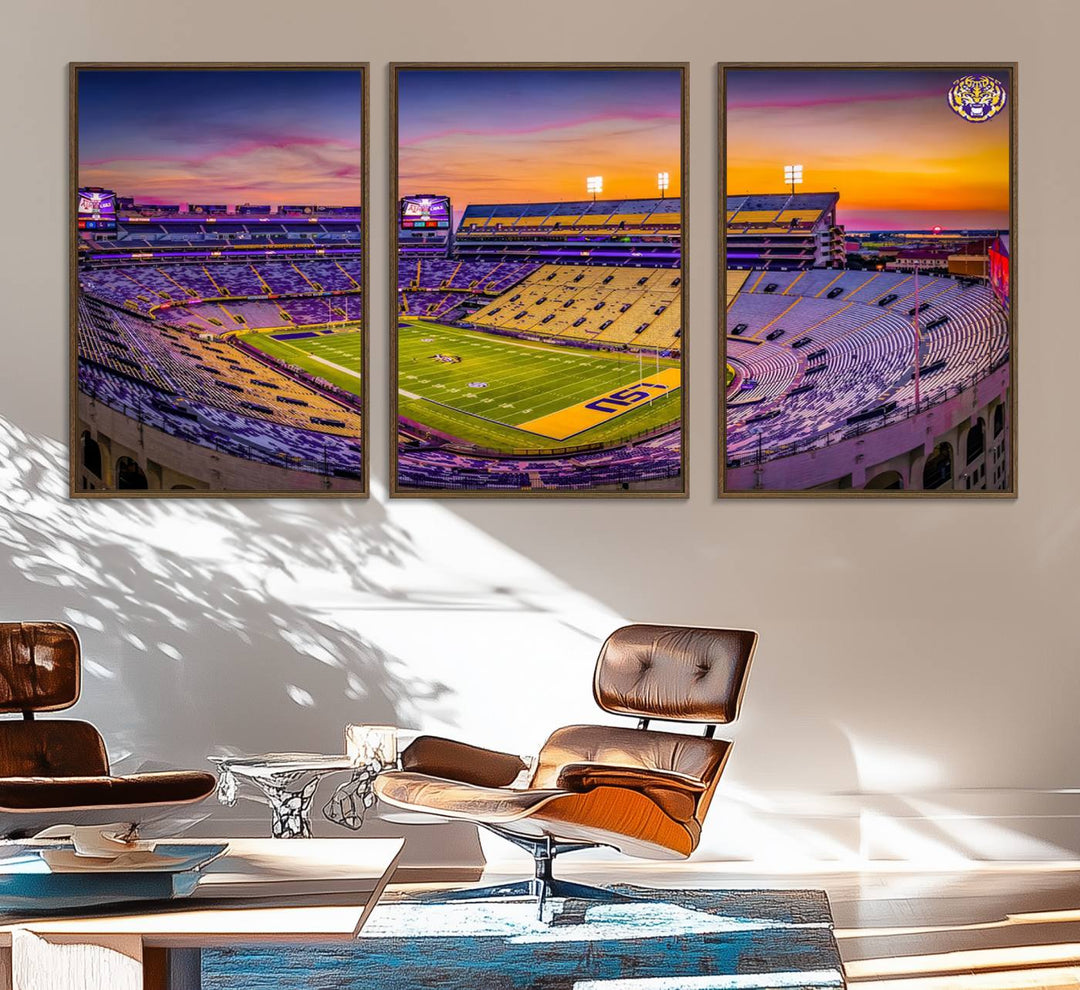 A canvas print of Tiger Stadium at sunset, depicting an empty field and stands, adorns the wall.