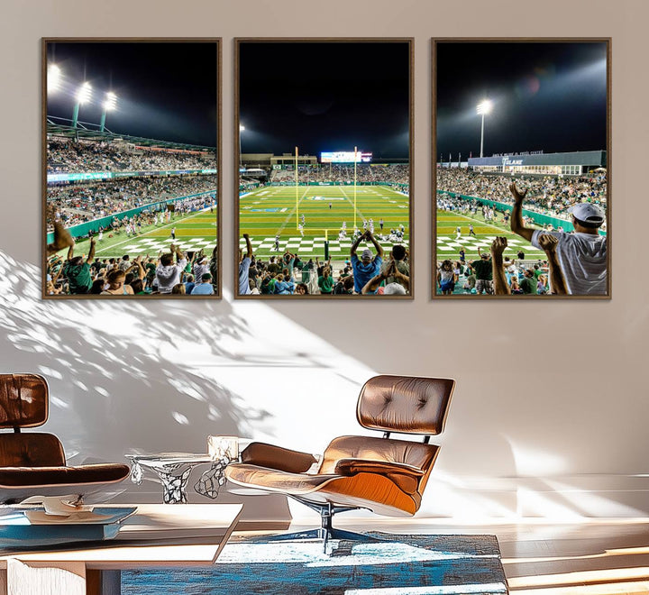 This vibrant wall art canvas print captures the excitement of fans cheering for the Tulane Green Wave Football Team under the lights of Yulman Stadium.