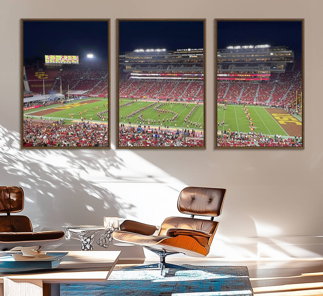 Canvas print depicting a packed stadium at night with a marching band forming USC, celebrating the Trojans at Los Angeles Memorial Coliseum.