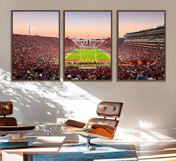 A USC Trojans wall art canvas print highlights the scene, depicting the Coliseum Stadium at sunset.