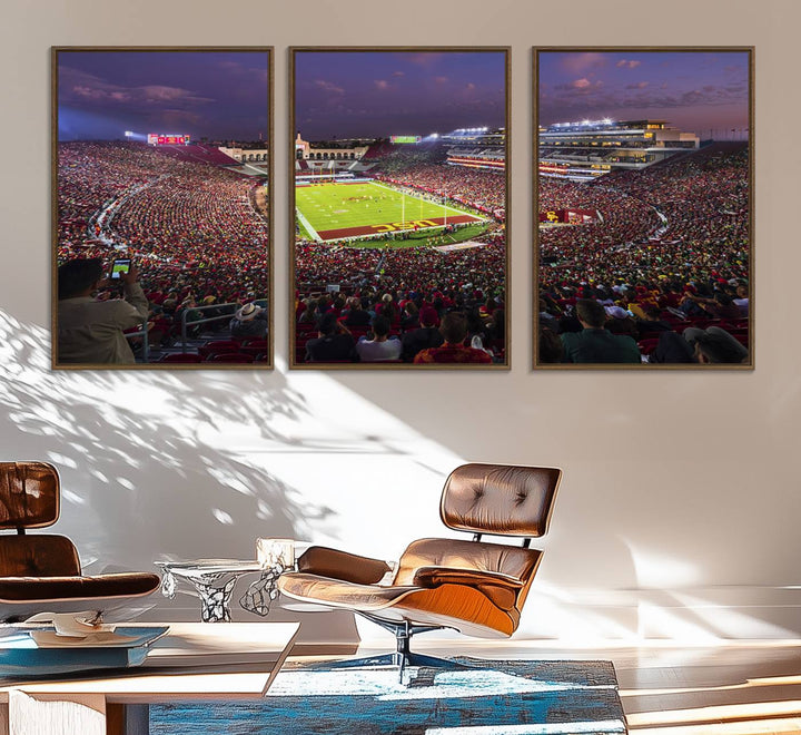 The vibrant wall art canvas print captures the USC Trojans playing under lights at dusk in LA Memorial Coliseum.