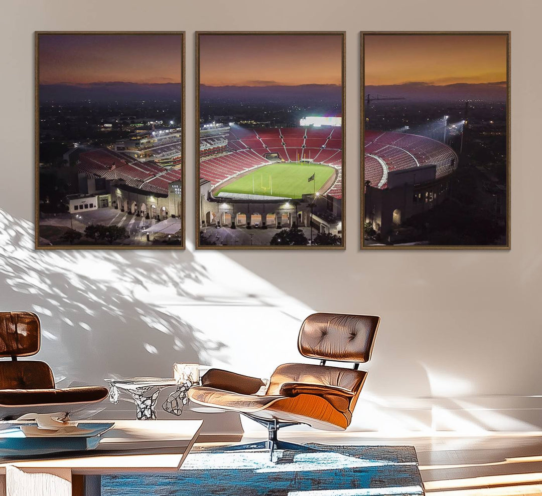 The USC Trojans Stadium canvas captures Memorial Coliseum at twilight, showcasing red seats and a green field beneath an orange sky.