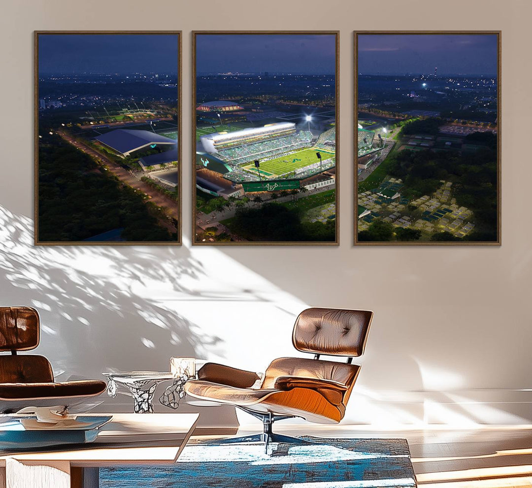 The USF Bulls Football Team Wall Art Canvas Print showcases the Tampa USF Football Stadium at night with city lights.