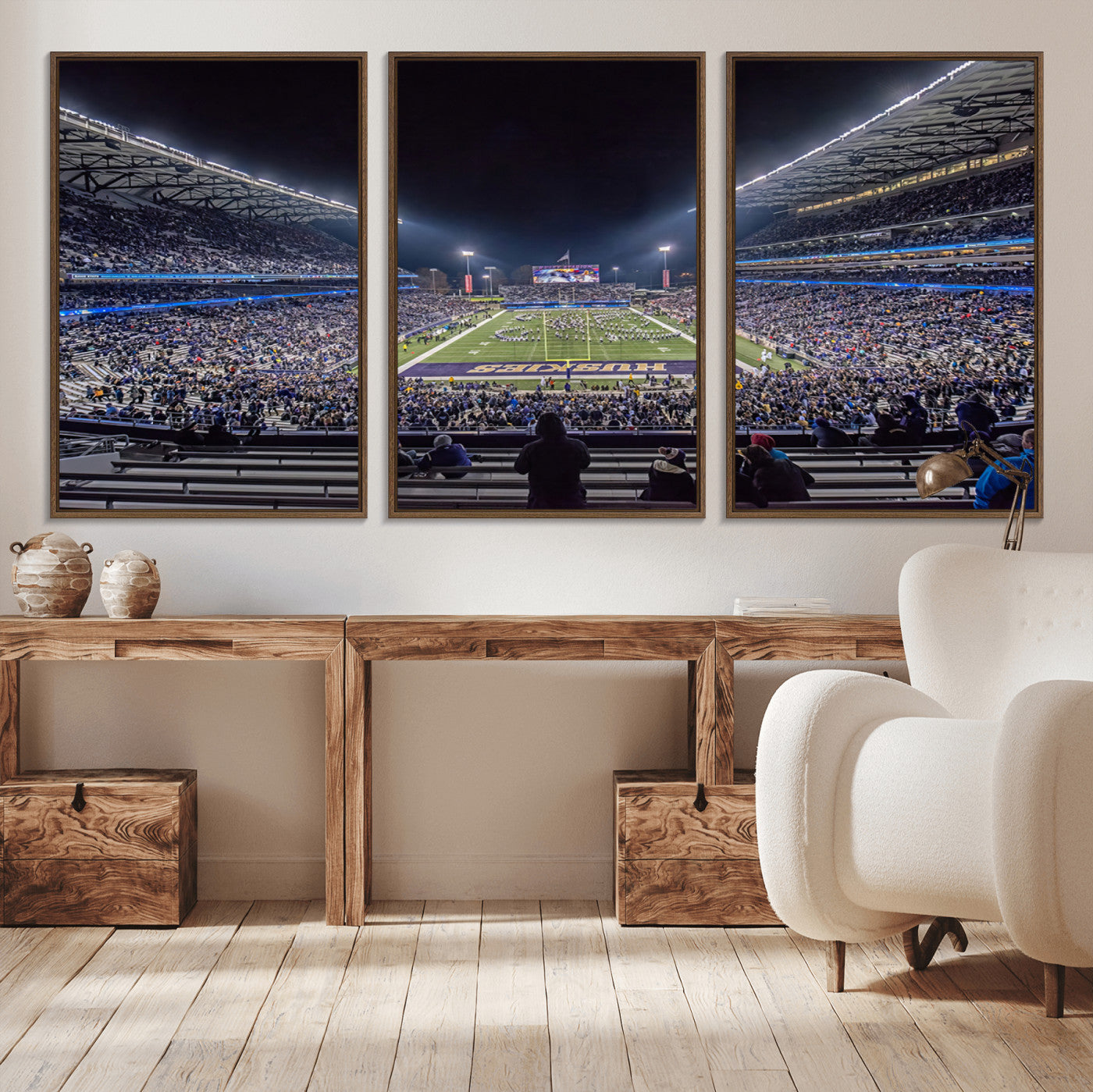 85780-MGV-FC-60X30-3P_Walnut-The University of Washington Huskies Football Team Print - Seattle Husky Stadium Wall Art Canvas