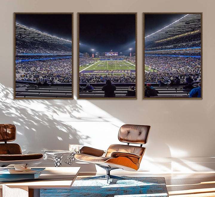 A canvas print titled The University of Washington Huskies Football depicts a packed Husky Stadium at night, as seen from the stands.