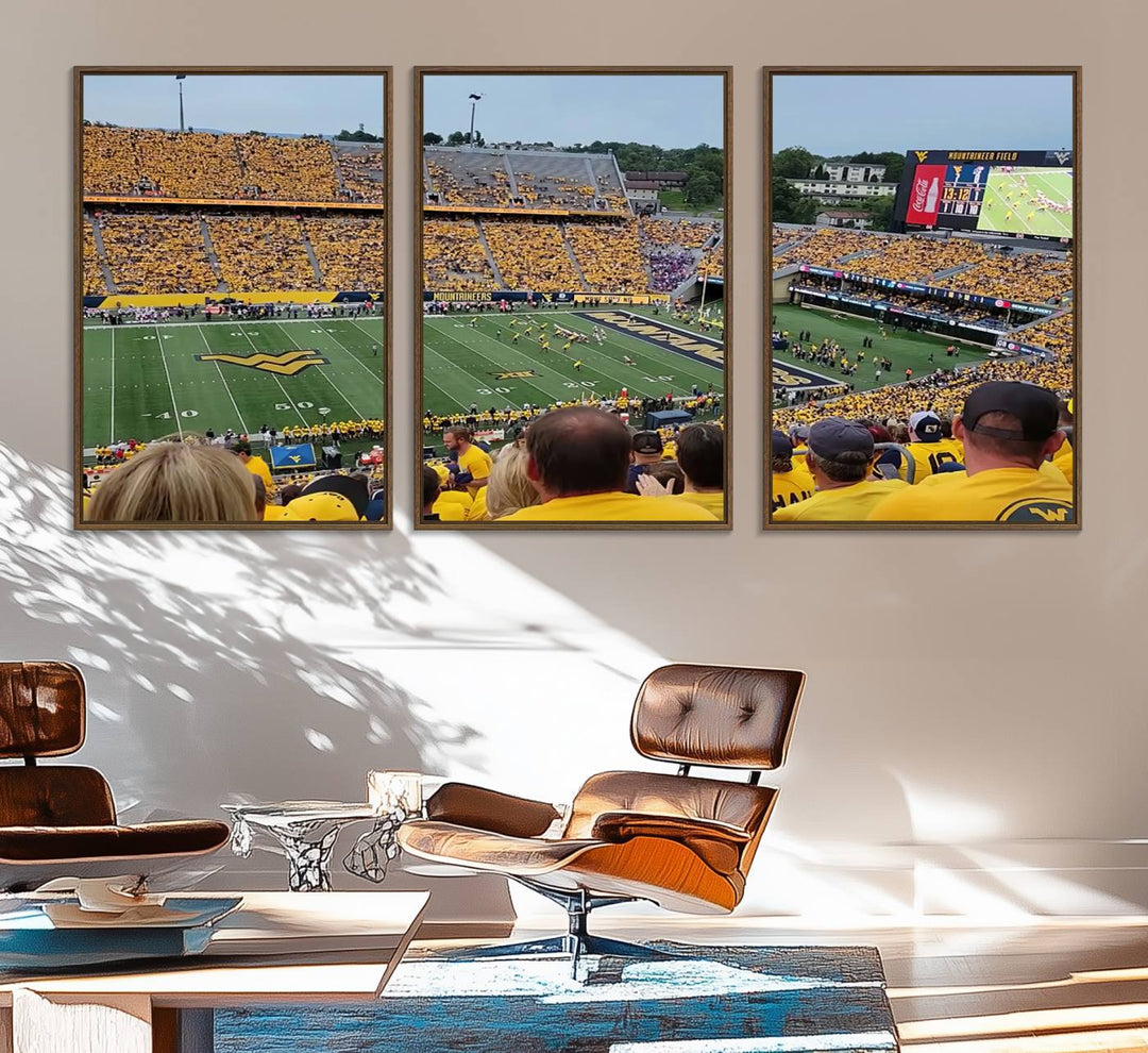 A Puskar Stadium canvas print decorates the modern living room shelf.