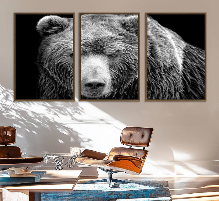 The 399 Grizzly Bear Canvas Print is displayed prominently on a wall in a modern living room.