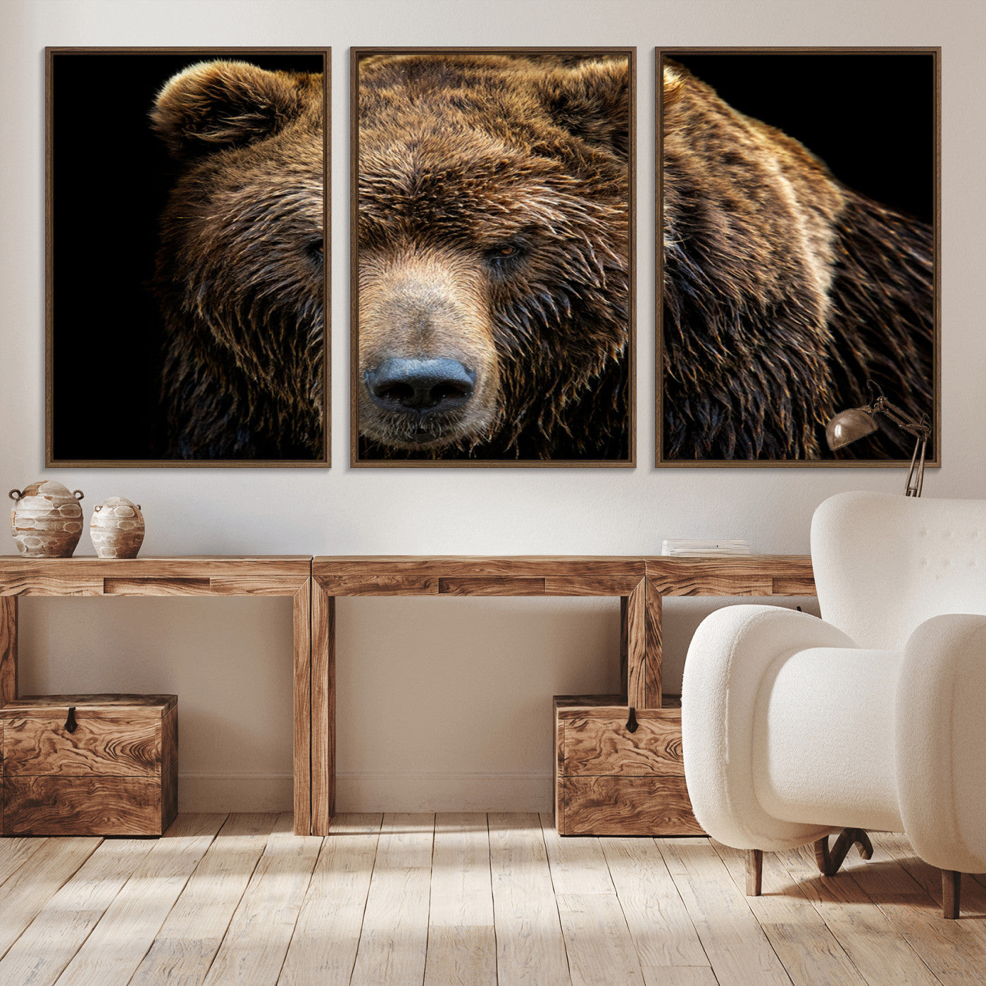 MGV-FC-60X30-3P - Grizzly Brown Bear Canvas Wall Art, Wildlife Animal Canvas Artwork Bear Print, Bear Wall Art Print,