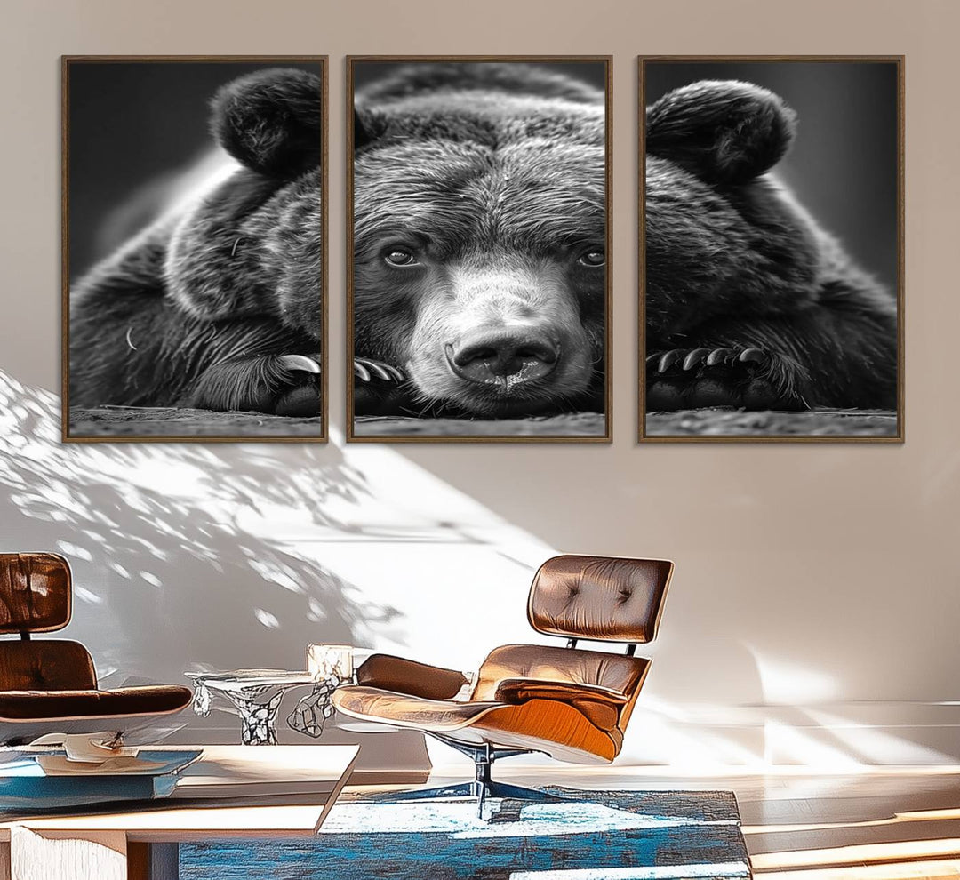 A black and white canvas print titled Resting Grizzly 399 Bear is displayed prominently.