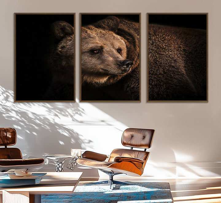 The Wild Grizzly 399 Bear Canvas Wall Art Print enhances modern living rooms with its neutral color palette.