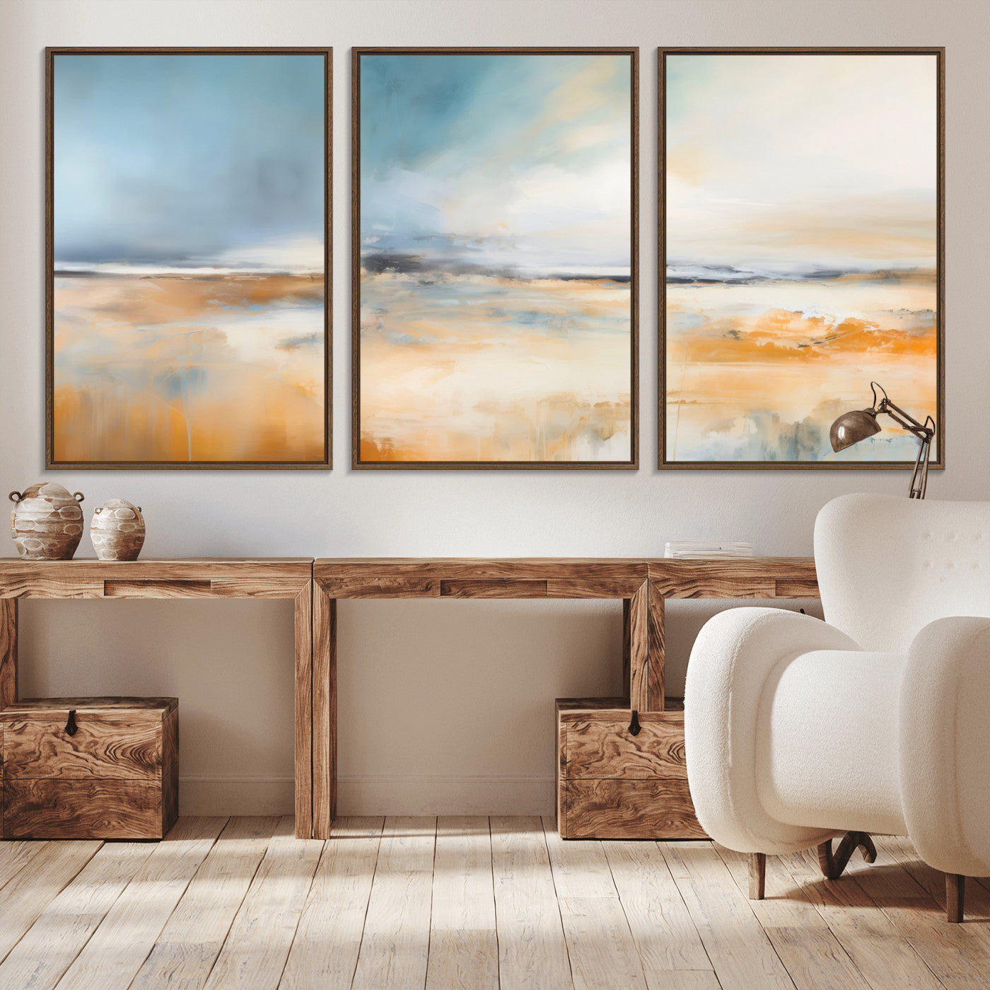 -Abstract Landscape Wall Art Canvas Print - Warm Tones of Orange and Blue, Modern Framed Art for Home