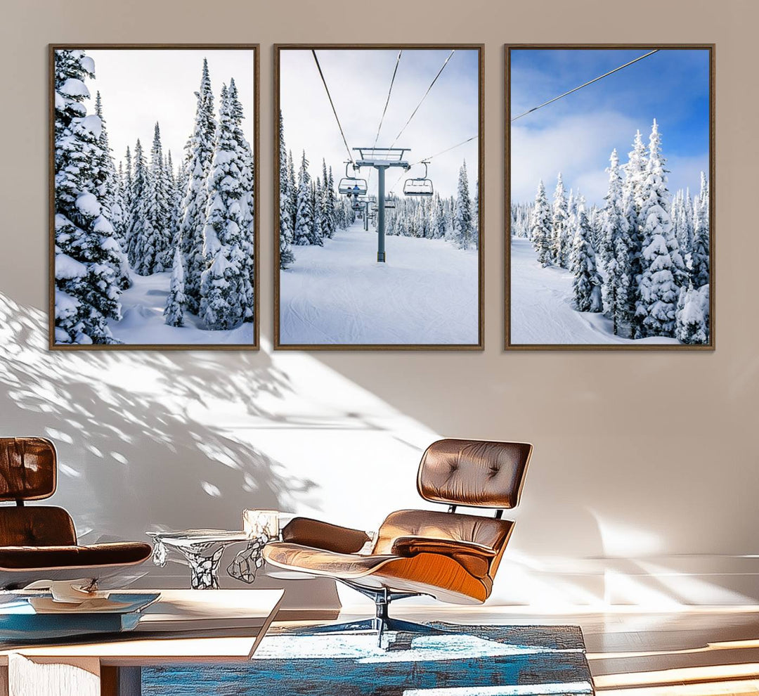 Winter Ski Lift Wall Art Print: Snowy Mountain Adventure, ideal for cabin or farmhouse decor under a clear blue sky.