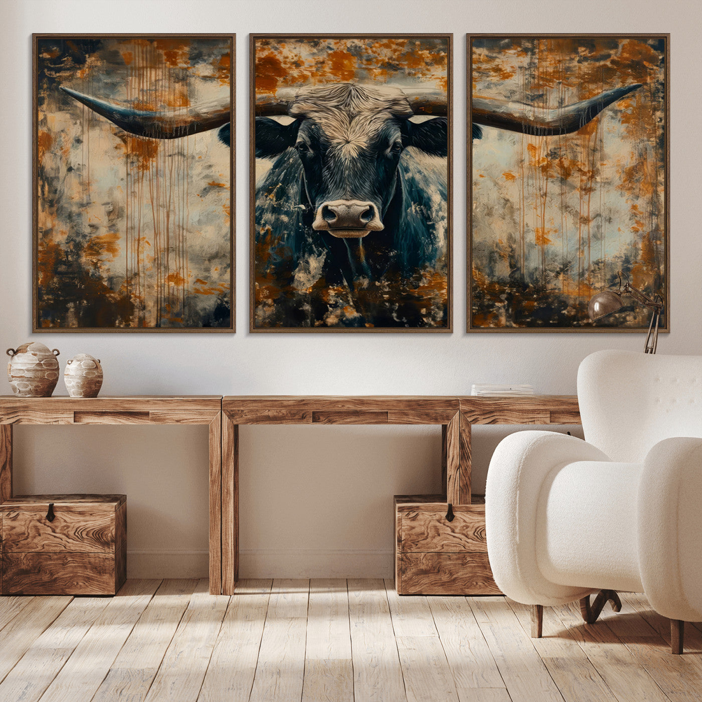 MGV-FC-60X30-3P - Abstract Longhorn Bull Wall Art | Rustic Western Wall Decor | Framed and Ready to Hang | Ideal for