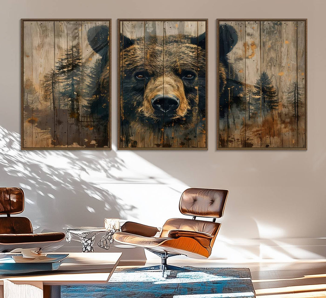 Abstract 399 Bear Wall Art showcases a bears face intertwined with forest trees, ideal for enhancing rustic lodge, cabin, or barn decor.