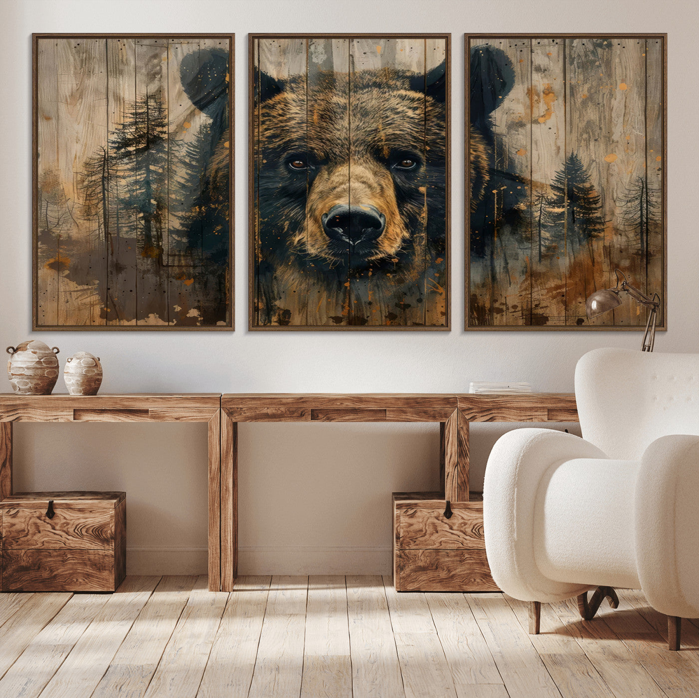 MGV-FC-60X30-3P - Abstract 399 Bear Wall Art | Rustic Cabin Wall Decor with Forest Design | Framed and Ready to Hang |