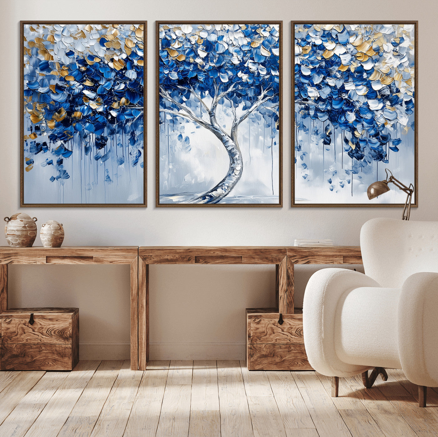 MGV-FC-60X30-3P - Blue and Gold Abstract Tree Wall Art Canvas Print | Modern Tree of Life Painting | Framed Canvas