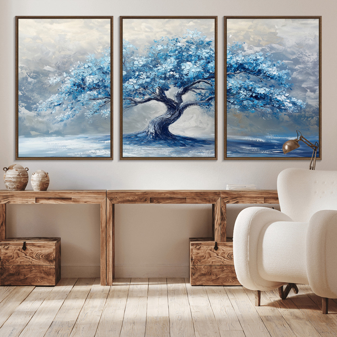 MGV-FC-60X30-3P - Abstract Blue Tree Art Canvas Print, Majestic Tree Wall Art Print for Farmhouse Decor