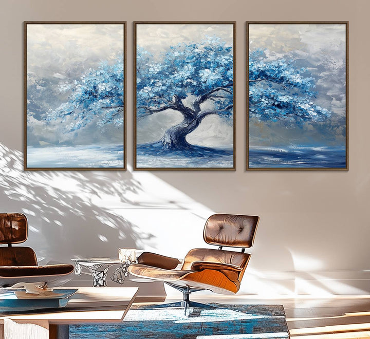 Abstract Blue Tree Art Print featuring textured blues and grays, perfect for farmhouse decor.