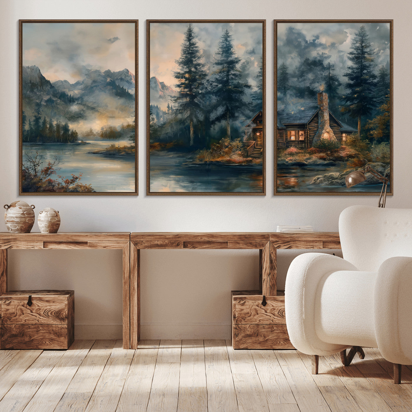 MGV-FC-60X30-3P - Rustic Cabin Woods Wall Art Print | Lake in a Forest Canvas Print | Cabin, Lodge, and Farmhouse