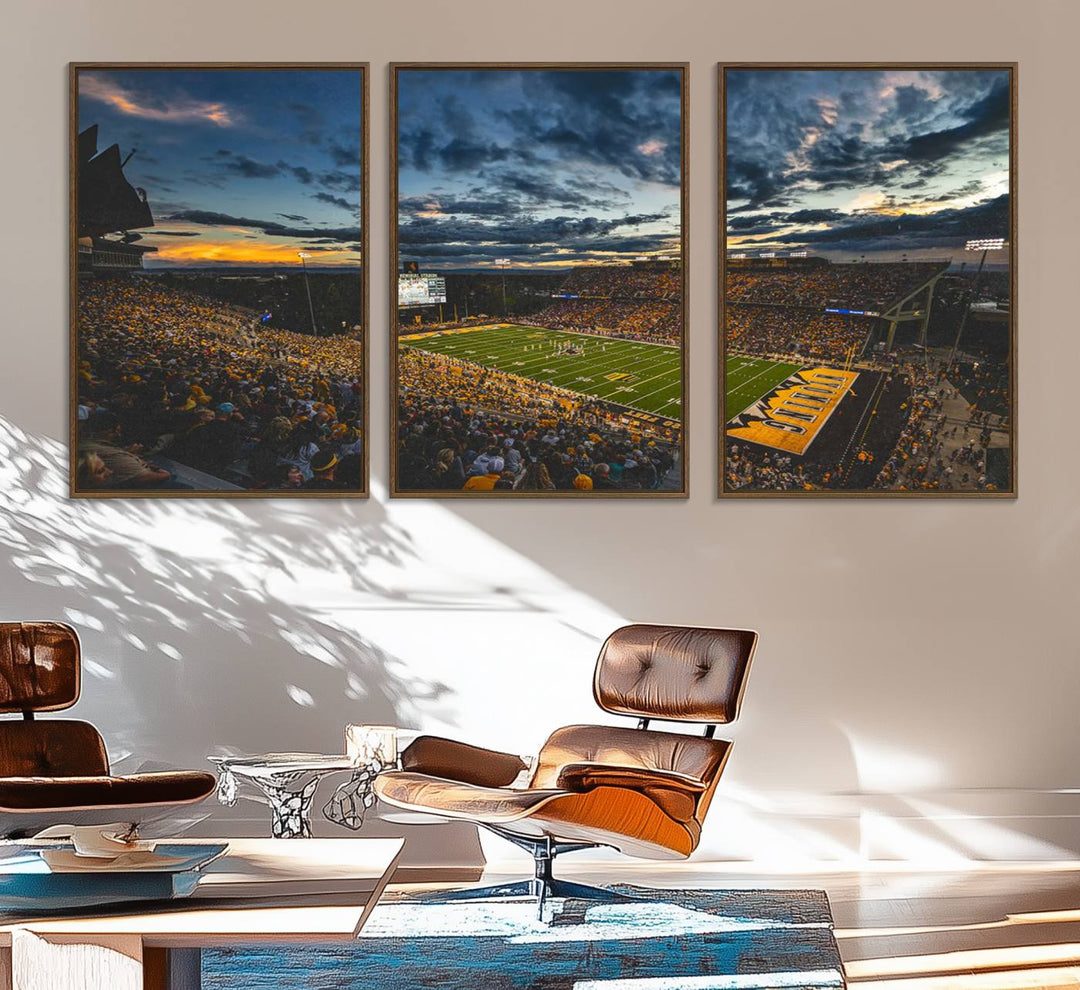 Laramies War Memorial Stadium Print captures a stunning scene of the stadium during sunset, set under a partly cloudy sky illuminated by bright lights.