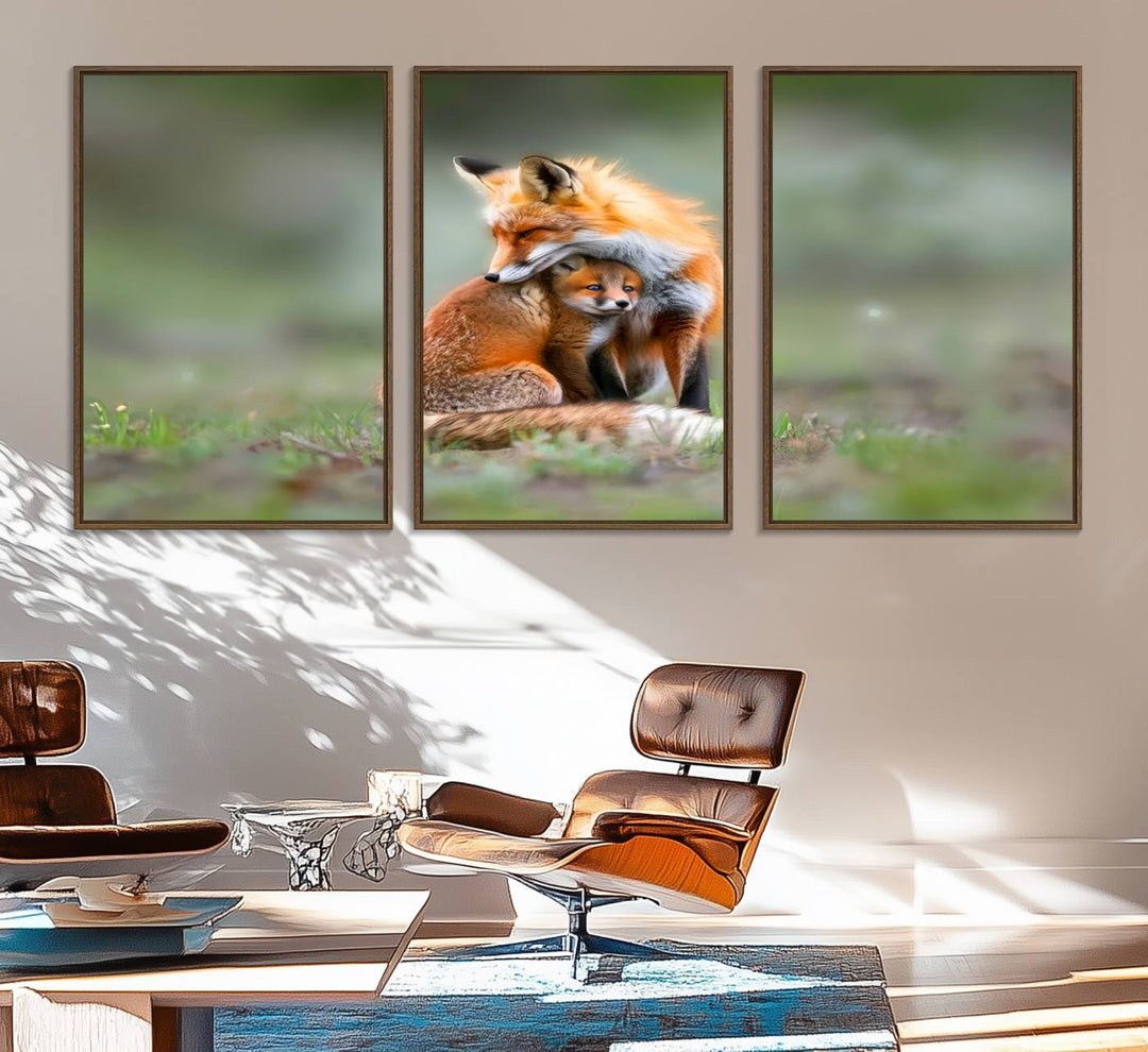 Heartwarming Fox and Baby Cub Wall Art - ready to hang, ideal for animal lovers, rustic decor, and cabin wall art.