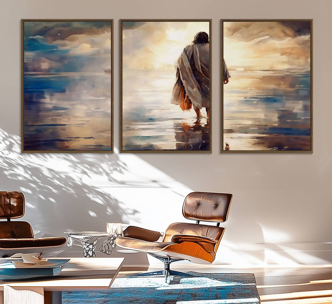 The wall art depicts a robed figure walking on water towards a boat, framed by a stunning sunset. This is showcased in the Jesus Walking on Water Triptych Canvas Print.