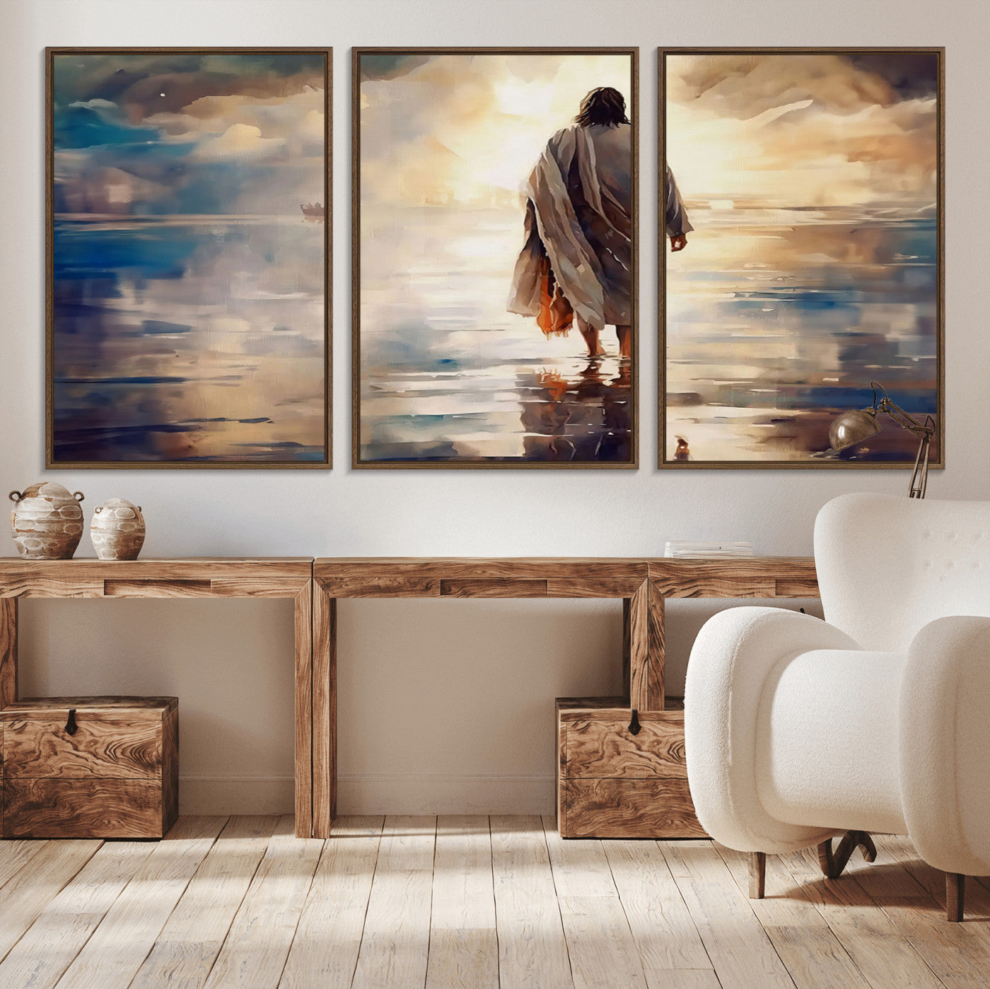 MGV-FC-60X30-3P - Jesus Walking on Water Wall Art | Ready to Hang Spiritual Triptych Canvas Print | Inspirational