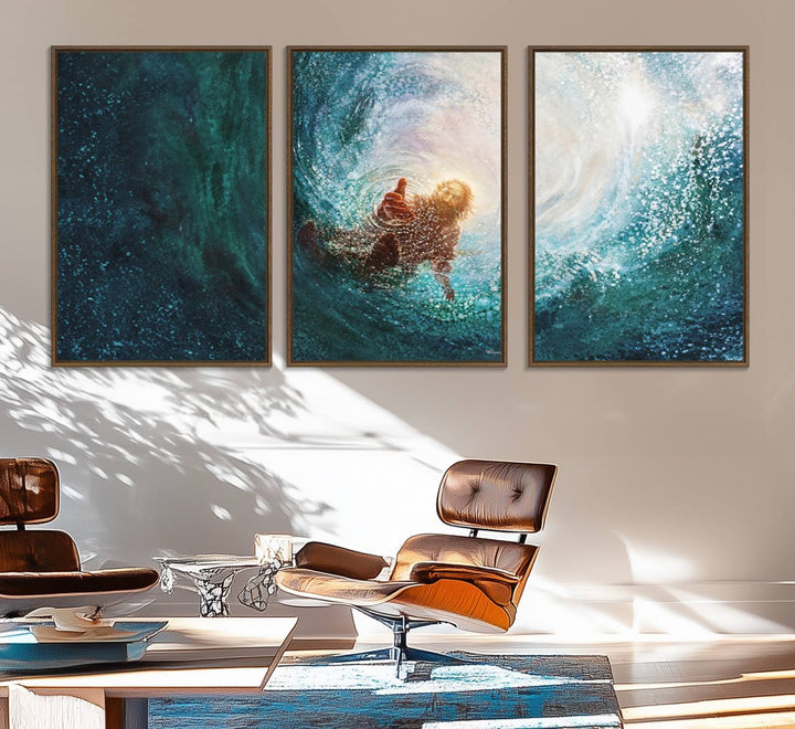 A swimmer heads towards light in an ethereal vortex on the Powerful Jesus Canvas Print - Hand of Salvation, Inspirational Wall Art.