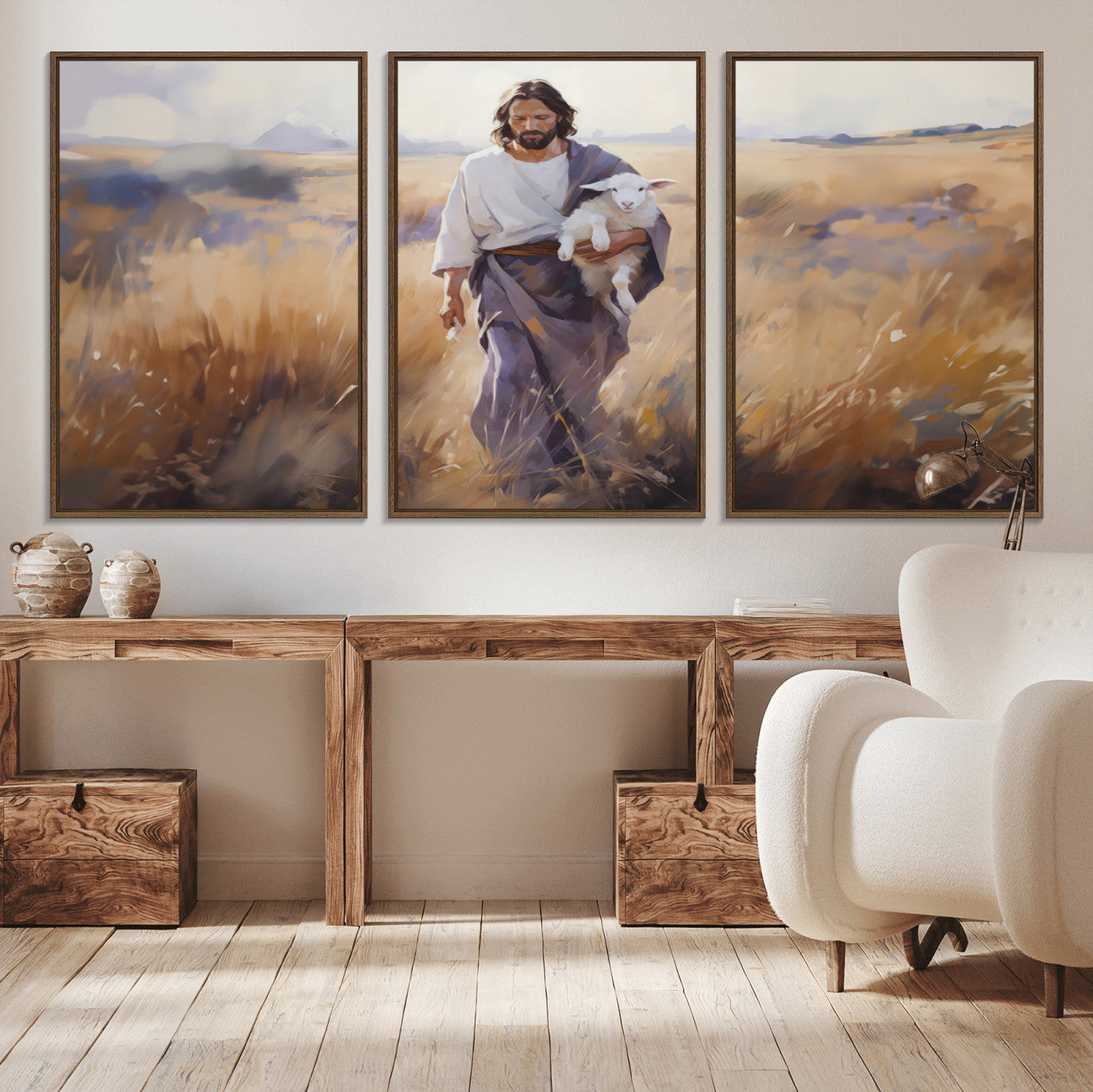 MGV-FC-60X30-3P - Jesus the Good Shepherd Wall Art Canvas Print - Lost Lamb Print for Prayer Room Decor
