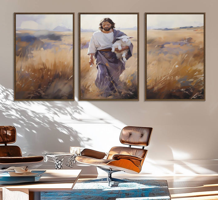 A canvas art piece depicts a bearded man carrying a lamb in a field, reminiscent of Jesus the Good Shepherd, ideal for prayer room decor.