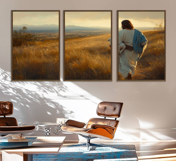 The wall art, titled Jesus the Good Shepherd, depicts a golden field at sunset.