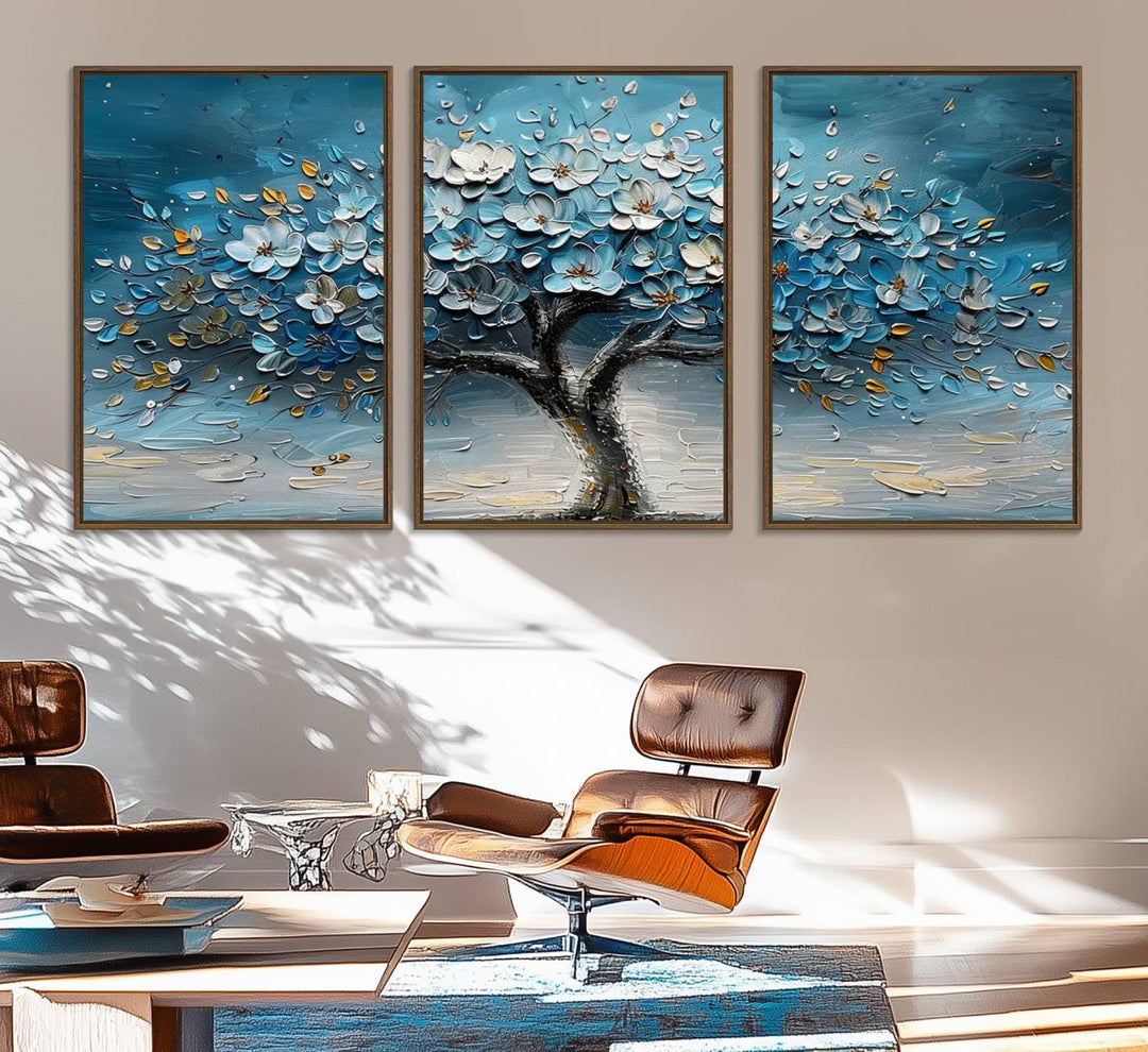 Abstract Blooming Tree Wall Art Print features blue, white, and gold textures on museum-quality canvas, perfect for modern decor.